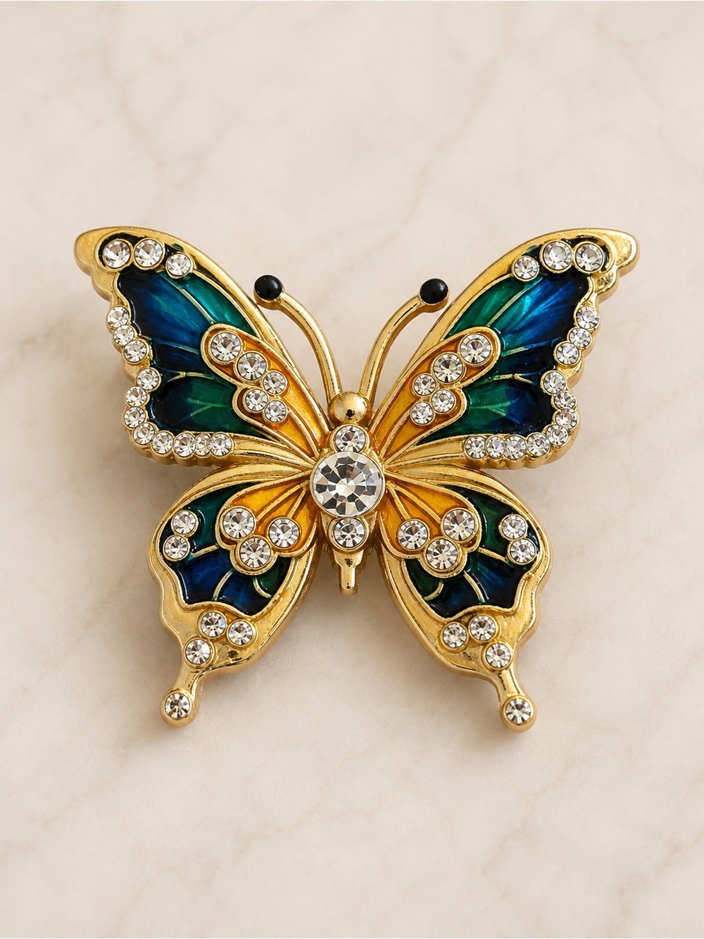 Gold Butterfly Brooch with Blue and Green Enamel and Crystal Accents